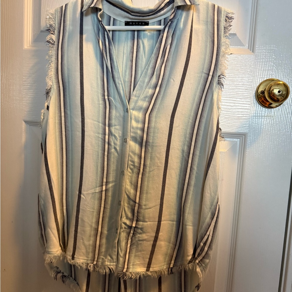 Maven West Blue and White Ruffled Button Down Shirt